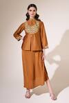 Buy_RICHA AHLUWALIA_Brown , Silk, Voile Embroidery, Peplum Kurta With Skirt _at_Aza_Fashions