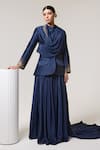 Buy_RICHA AHLUWALIA_Blue Chanderi Silk, Voile Sequins, Beads Midnight Spark Blazer With Draped Skirt _at_Aza_Fashions