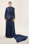 RICHA AHLUWALIA_Blue Chanderi Silk, Voile Sequins, Beads Midnight Spark Blazer With Draped Skirt _Online_at_Aza_Fashions