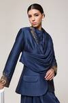 Shop_RICHA AHLUWALIA_Blue Chanderi Silk, Voile Sequins, Beads Midnight Spark Blazer With Draped Skirt _Online