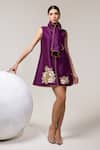 RICHA AHLUWALIA_Purple Chanderi Silk, Voile Embroidery, Beads, Plumeria Punch A-line Dress _Online_at_Aza_Fashions