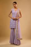 Buy_Renee label_Purple Net, Viscose Georgette Embroidery, Sequins V-neck Aria Kurta Sharara Set _at_Aza_Fashions