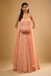 Buy_Renee label_Peach Viscose Georgette, Net Sequins, Beads, Twisha Anarkali With Dupatta _at_Aza_Fashions