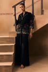 Buy_1999ad By Amita & Deepak_Black Satin Embroidery, Stones Collared, V-neck Floral Jacket And Pant Set _at_Aza_Fashions