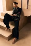 Shop_1999ad By Amita & Deepak_Black Satin Embroidery, Stones Collared, V-neck Floral Jacket And Pant Set _Online_at_Aza_Fashions
