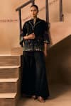 1999ad By Amita & Deepak_Black Satin Embroidery, Stones Collared, V-neck Floral Jacket And Pant Set _at_Aza_Fashions