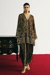 Buy_Basanti - Kapde Aur Koffee_Green Velvet Sequins, Mirrors, Lace, Embroidery V-neck Kaftan And Dhoti Pant Set _at_Aza_Fashions
