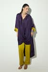 Basanti - Kapde Aur Koffee_Purple Satin V-neck Embellished Draped Tunic And Pant Set _Online_at_Aza_Fashions