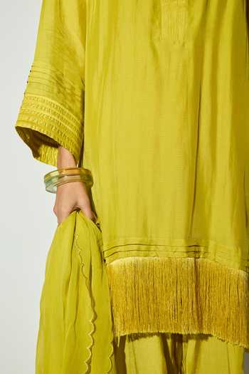 Basanti Kapde aur Koffee_Green Bemberg Fringe, Embroidery, Metallic Thread Silk Kurta And Pant Co-ord Set_Online_at_Aza_Fashions