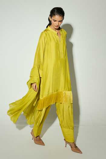 Shop_Basanti Kapde aur Koffee_Green Bemberg Fringe, Embroidery, Metallic Thread Silk Kurta And Pant Co-ord Set_at_Aza_Fashions