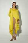 Buy_Basanti - Kapde Aur Koffee_Yellow Satin Collared, Round Neck Mustard Asymmetric Jacket With Dress _at_Aza_Fashions
