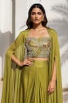 Basanti - Kapde Aur Koffee_Green Chinon Sequins, Beads Sweetheart , Open Embroidered Cape Set _Online_at_Aza_Fashions