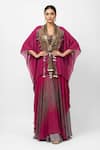 Buy_Basanti - Kapde Aur Koffee_Wine Crepe Beads, Tassels Sweetheart Neck, Crimson Dynasty Embellished Cape Set _at_Aza_Fashions