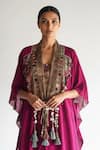 Shop_Basanti - Kapde Aur Koffee_Wine Crepe Beads, Tassels Sweetheart Neck, Crimson Dynasty Embellished Cape Set _at_Aza_Fashions
