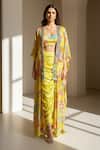 Buy_Basanti - Kapde Aur Koffee_Yellow Crepe Sequins, Beads, Mirrors Lime Floral Embroidered Cape Set _at_Aza_Fashions