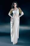 Buy_Nirmooha_Ivory Lycra Metallic Thread, Elaris Pre-draped Saree With Embroidered Blouse _at_Aza_Fashions