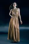 Buy_Nirmooha_Gold Organza Embroidery, Metallic Thread, Sequins Halter Neck Solar Gown _at_Aza_Fashions