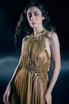 Nirmooha_Gold Organza Embroidery, Metallic Thread, Sequins Halter Neck Solar Gown _Online_at_Aza_Fashions