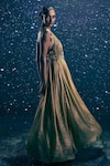 Buy_Nirmooha_Gold Organza Embroidery, Metallic Thread, Sequins Halter Neck Solar Gown _Online_at_Aza_Fashions
