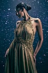 Buy_Nirmooha_Gold Organza Embroidery, Metallic Thread, Sequins Halter Neck Solar Gown 