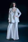 Buy_Nirmooha_Ivory Satin, Lycra Embroidery V-neck Aurora Metallic Kurta Set _at_Aza_Fashions