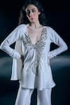 Buy_Nirmooha_Ivory Satin, Lycra Embroidery V-neck Aurora Metallic Kurta Set _Online_at_Aza_Fashions