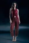 Buy_Nirmooha_Red Satin, Chiffon, Lycra Beads, Tassels Ignis Twisted Top And Sheer Pant Set _at_Aza_Fashions
