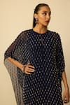 Vvani by vani vats_Blue Georgette Embroidery Round Neck, Drop Embellished Deep Kaftan And Pant Set _at_Aza_Fashions