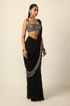 Vvani by vani vats_Black Georgette Tassels, Mirrors Square Pre-draped Saree With Embroidered Blouse _Online_at_Aza_Fashions