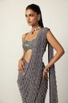 Vvani by vani vats_Grey Georgette Sequins, Single Drop Embellished Pre-draped Saree With Blouse _at_Aza_Fashions