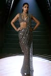 Buy_Vvani by vani vats_Grey Net, Georgette Mirrors, Sequins, Metallic Pre-draped Saree With Blouse _at_Aza_Fashions