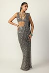 Vvani by vani vats_Grey Net, Georgette Mirrors, Sequins, Metallic Pre-draped Saree With Blouse _Online_at_Aza_Fashions