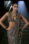 Vvani by vani vats_Grey Net, Georgette Mirrors, Sequins, Metallic Pre-draped Saree With Blouse _at_Aza_Fashions