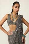 Buy_Vvani by vani vats_Grey Net, Georgette Mirrors, Sequins, Metallic Pre-draped Saree With Blouse 