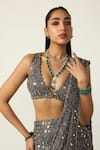 Shop_Vvani by vani vats_Grey Net, Georgette Mirrors, Sequins, Metallic Pre-draped Saree With Blouse 