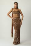 Buy_Vvani by vani vats_Brown Net, Georgette, Satin Metallic Copper Embroidered Pencil Skirt Set _at_Aza_Fashions