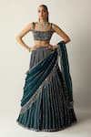 Buy_Vvani by vani vats_Blue Georgette, Organza Crystals, Stones, Dark Teal Linear Lehenga Set _at_Aza_Fashions