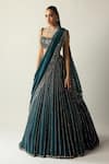 Shop_Vvani by vani vats_Blue Georgette, Organza Crystals, Stones, Dark Teal Linear Lehenga Set _Online_at_Aza_Fashions