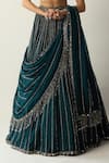 Vvani by vani vats_Blue Georgette, Organza Crystals, Stones, Dark Teal Linear Lehenga Set _at_Aza_Fashions