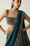 Shop_Vvani by vani vats_Blue Georgette, Organza Crystals, Stones, Dark Teal Linear Lehenga Set 