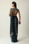 Shop_Vvani by vani vats_Blue Georgette Metallic Thread, Linear Embroidered Pre-draped Saree With Blouse _at_Aza_Fashions