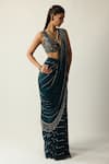 Buy_Vvani by vani vats_Blue Georgette Metallic Thread, Linear Embroidered Pre-draped Saree With Blouse _Online_at_Aza_Fashions