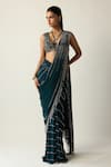 Shop_Vvani by vani vats_Blue Georgette Metallic Thread, Linear Embroidered Pre-draped Saree With Blouse _Online_at_Aza_Fashions