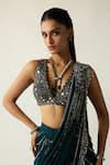 Vvani by vani vats_Blue Georgette Metallic Thread, Linear Embroidered Pre-draped Saree With Blouse _at_Aza_Fashions