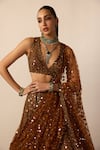 Vvani by vani vats Brown Georgette, Organza, Net Mirrors, Stones, Metallic Copper Lehenga Set at Aza Fashions Vvani by vani vats_Brown Georgette, Organza, Net Mirrors, Stones, Metallic Copper Lehenga Set _at_Aza_Fashions