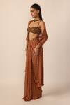 Vvani by vani vats_Brown Georgette Beads, Mirrors Metallic Single Drop Embellished Draped Skirt Set _Online_at_Aza_Fashions