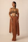 Buy_Vvani by vani vats_Brown Georgette Beads, Mirrors Metallic Single Drop Embellished Draped Skirt Set _Online_at_Aza_Fashions
