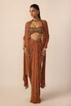 Buy_Vvani by vani vats_Brown Georgette Beads, Mirrors Metallic Single Drop Embellished Draped Skirt Set _at_Aza_Fashions