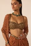 Vvani by vani vats_Brown Georgette Beads, Mirrors Metallic Single Drop Embellished Draped Skirt Set _at_Aza_Fashions