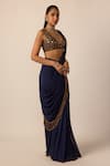 Vvani by vani vats_Blue Georgette Tassels, Beads, Mirrors Embellished Pre-draped Saree With Blouse _Online_at_Aza_Fashions